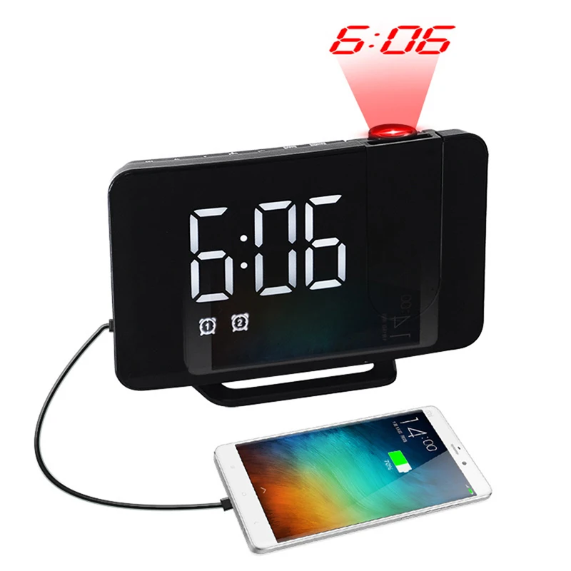 Ceas Digital cu Led Alb Radio si Proiectie Pana la 5M Inaltime Alb, Rotire la 180°, Radio, Alarma, Port Incarcare USB, Temperatura, Ecran LED, 2 Niveluri de Luminozitate, Negru