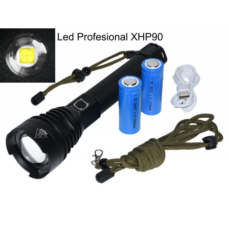 XHP90 professzionális LED zseblámpa, USB Type C töltés, akkumulátorok mellékelve, akkumulátor kijelző, világítási távolság 500 m, tökéletes horgászathoz, védelemhez, kempingezéshez és vadászathoz, fekete