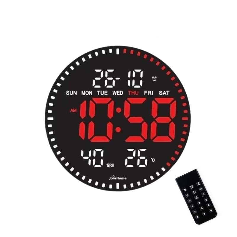 Ceas Digital de Perete cu Lumina Led Rosu, Secundar, Calendar, Temperatura, Termometru, Cronometru, Telecomanda, Afisare Umiditate, 28cm