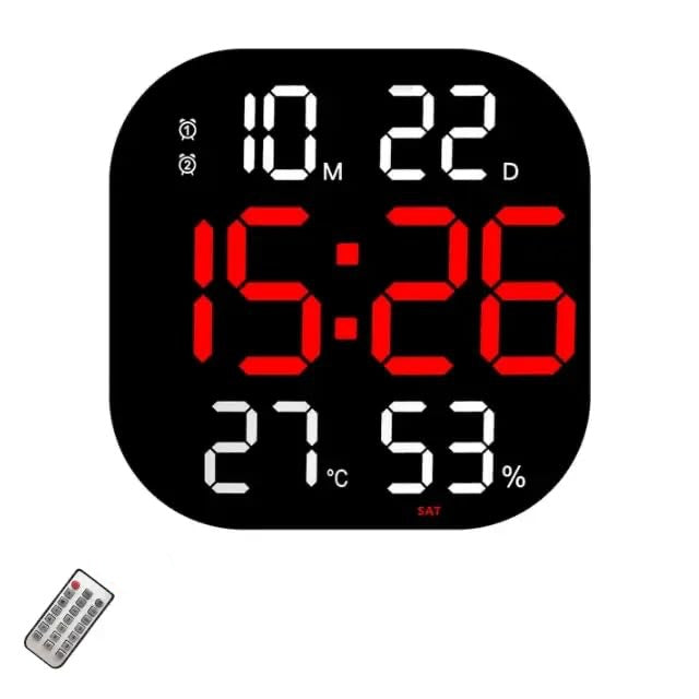 Ceas Digital de Masa si de Perete cu Lumina Led Rosu, Cronometru, Calendar, Temperatura, Alarma, Termometru, Functie Snooze, Luminozitate Adjustabila, 32x32cm