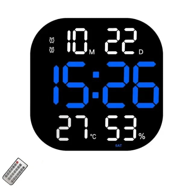 Ceas Digital de Masa si de Perete cu Lumina Led Albastru, Calendar, Cronometru, Temperatura, Alarma, Termometru, Functie Snooze, Luminozitate Adjustabila, 32x32cm
