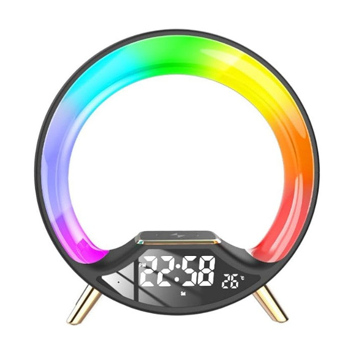 Smart VTM.® lámpa vezeték nélküli töltéssel, Bluetooth hangszóró, rádió, alkalmazásvezérlés, RGB, hívás funkció, állítható fényerő, riasztó, LED képernyő, fekete