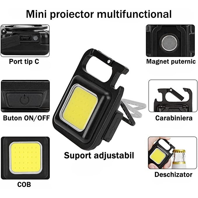Mini Proiector Led Portabil Tip Breloc, Port Type C, Rezistent la Apa, Magnet, 4 Moduri de Lumina, Perfect Pentru Pescuit, Camping, Drumetii, Ciclism, Negru - Frize