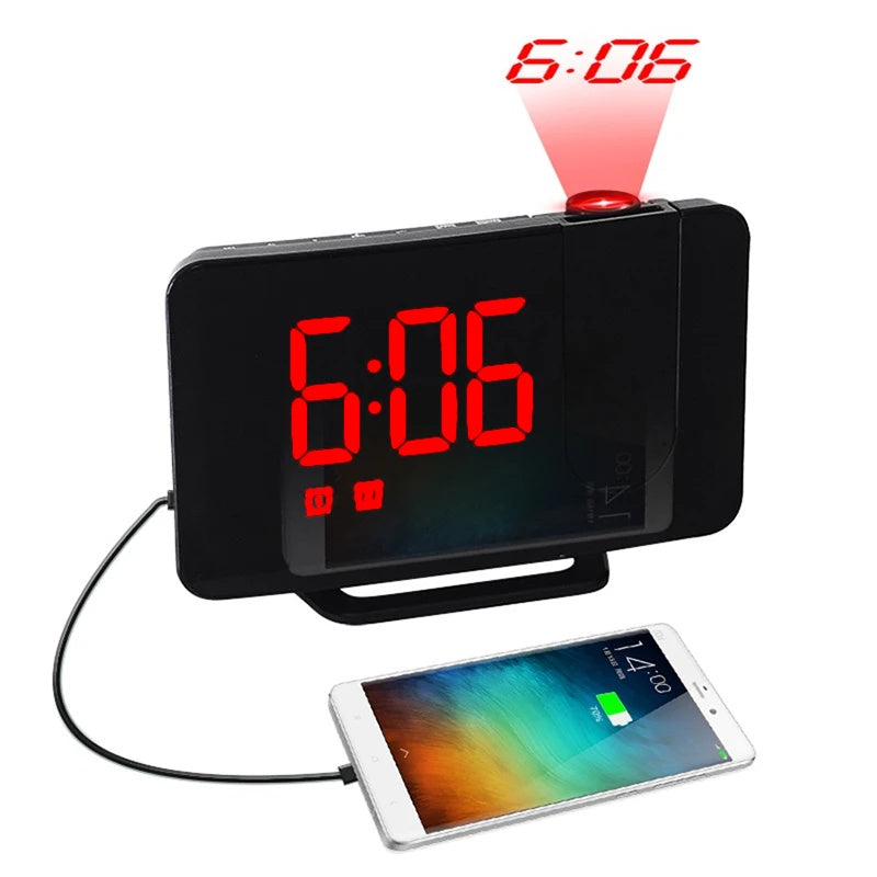 Ceas Digital cu Led Rosu Radio si Proiectie Pana la 5M Inaltime Alb, Rotire la 180°, Radio, Alarma, Port Incarcare USB, Temperatura, Ecran LED, 2 Niveluri de Luminozitate, Negru