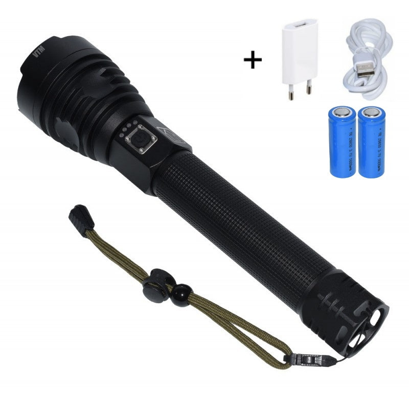 Lanterna Profesionala VTM.® cu Led, Incarcare USB, Acumulatori Inclusi, Afisaj Baterie, Distanta de Iluminare 500M, Perfecta Pentru Pescuit, Protectie, Camping si Vanatoare, Negru - Frize