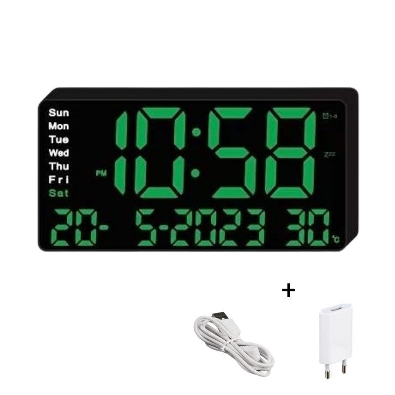Ceas Digital de Masa cu Lumina Led Verde, Alarma, 3 Niveluri de Luminozitate, Calendar, Temperatura, Functie Snooze, Mod de Noapte, 11x22cm
