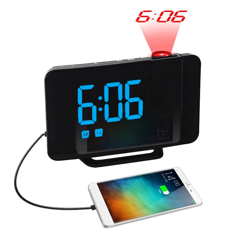 Ceas Digital cu Led Albastru Radio si Proiectie Pana la 5M Inaltime Alb, Rotire la 180°, Radio, Alarma, Port Incarcare USB, Temperatura, Ecran LED, 2 Niveluri de Luminozitate, Negru