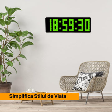 Ceas Digital de Masa si de Perete cu Lumina Led Verde, Cronometru, Timer, Calendar, Alarma, Termometru, Functie Snooze, 5 Trepte de Intensitate, Telecomanda, 32cm