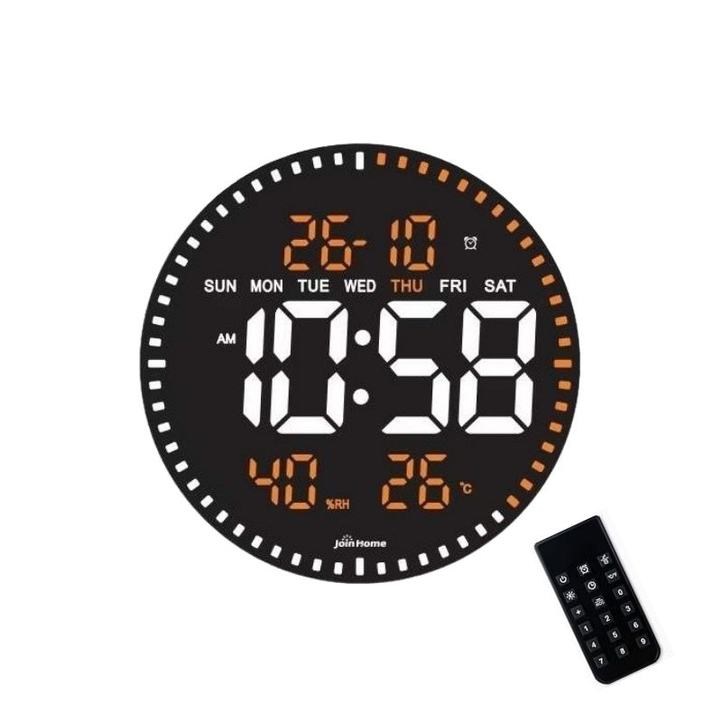 Ceas Digital de Perete cu Lumina Led Portocaliu, Secundar, Calendar, Temperatura, Termometru, Cronometru, Telecomanda, Afisare Umiditate, 28cm