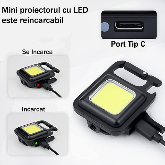 Mini Proiector Led Portabil Tip Breloc, Port Type C, Rezistent la Apa, Magnet, 4 Moduri de Lumina, Perfect Pentru Pescuit, Camping, Drumetii, Ciclism, Negru - Frize