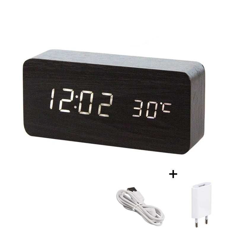 Ceas Electronic de Masa cu Led Alb, Termometru, Alarma, Control Vocal, 3 Trepte de Lumina, 150x70x40 mm, Adaptor Inclus, Negru