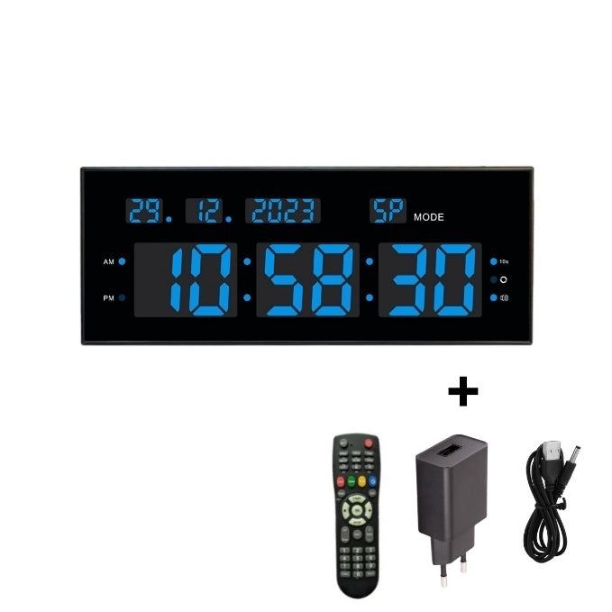 Ceas Digital cu Cronometru de Masa si de Perete cu Lumina Led Albastru, Calendar, Timer, Alarma, Luminozitate Adjustabila, 32x12cm