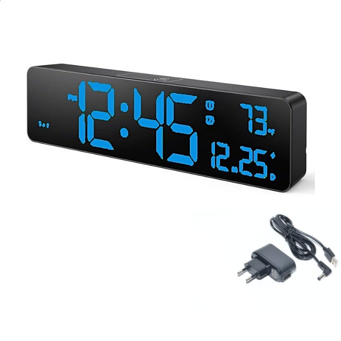 Ceas Digital de Masa si de Perete cu Lumina Led Albastru, Cronometru, Timer, Alarma, Functie Snooze, Temperatura, Luminozitate Adjustabila, 26x6cm