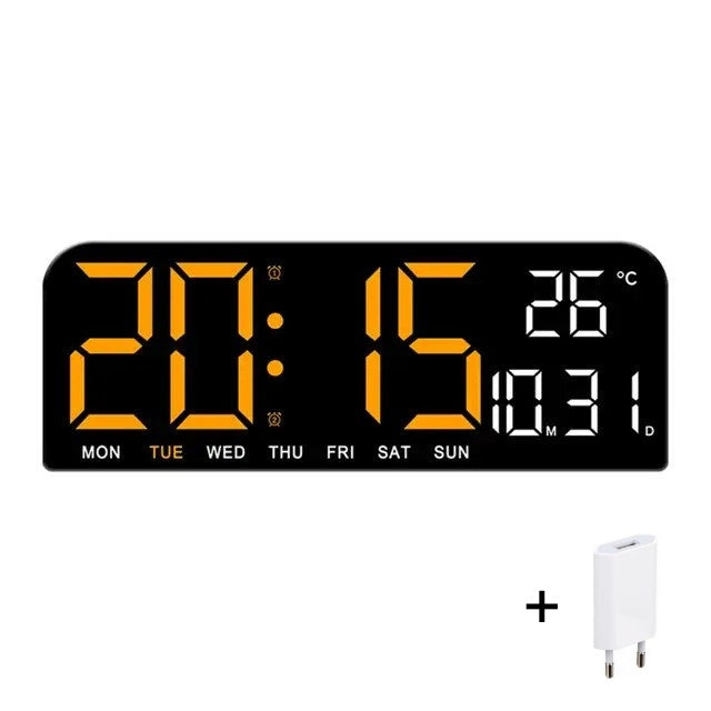Ceas Digital de Masa si de Perete cu Lumina Led Portocaliu, Calendar, Cronometru, Temperatura, Alarma, Termometru, Functie Snooze, Luminozitate Adjustabila, 24x9cm