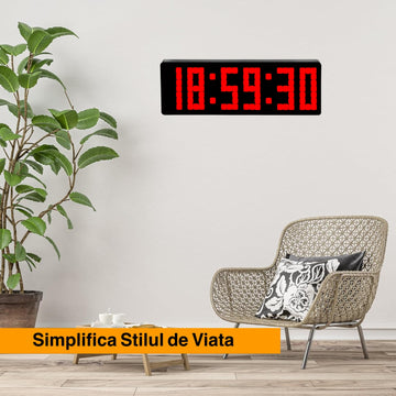 Ceas Digital de Masa si de Perete cu Lumina Led Rosu, Cronometru, Timer, Calendar, Alarma, Termometru, Functie Snooze, 5 Trepte de Intensitate, Telecomanda, 32cm