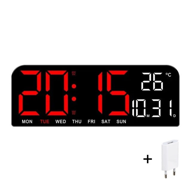 Ceas Digital de Masa si de Perete cu Lumina Led Rosu, Calendar, Cronometru, Temperatura, Alarma, Termometru, Functie Snooze, Luminozitate Adjustabila, 24x9cm