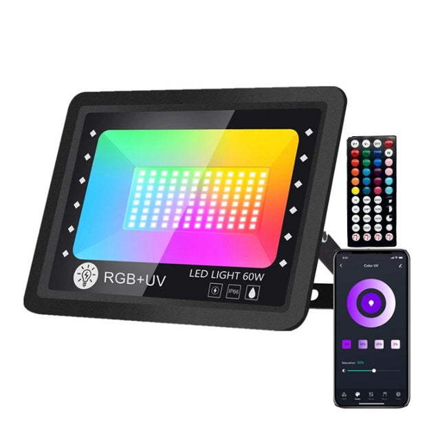 Intelligens RGBCW LED projektor, Alkalmazás, UV fény, Beltéri/Kültéri, Vízálló, Vezérlés telefonról interneten keresztül, Zene szinkronizálás, Távirányító, Fény programozási mód, 60 W, Fekete