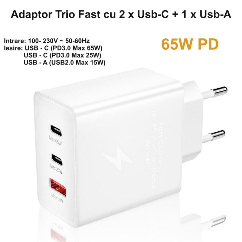 Incarcator Rapid VTM. 65W PD Trio, 2 x Tip C + Usb 2.0, Alb