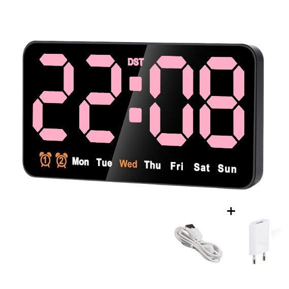 Ceas Digital de Masa si de Perete cu Lumina Led Roz, Alarma, Calendar, Temperatura, Functie Snooze, Mod de Noapte, 11x21cm