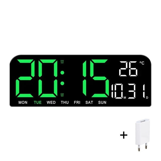 Ceas Digital de Masa si de Perete cu Lumina Led Verde, Calendar, Cronometru, Temperatura, Alarma, Termometru, Functie Snooze, Luminozitate Adjustabila, 24x9cm