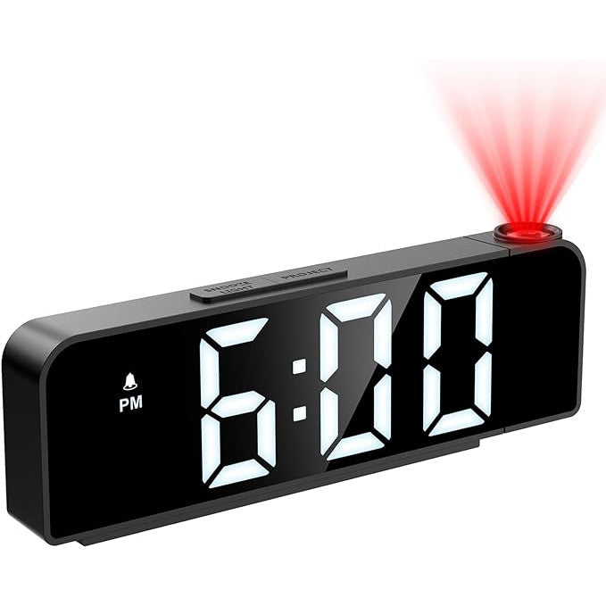 Ceas Digital de Masa cu Lumina Led Alb, Proiectie Pana la 5M, Temperatura, Alarma, Termometru, Functie Snooze, Luminozitate Adjustabila, 20x8cm