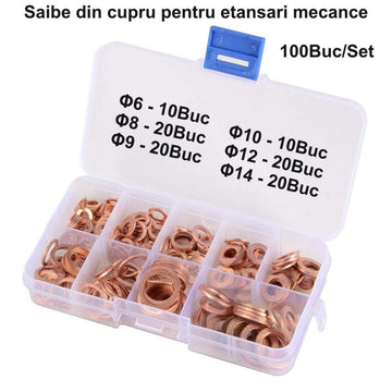 Set 100 Bucăți Șaibe de Cupru Ø6, Ø8, Ø9, Ø10, Ø12, Ø14 – Accesorii pentru Îmbinări și Montaj în Proiecte Electrice sau Mecanice