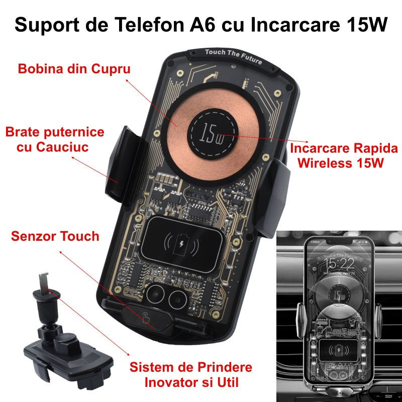 Suport Auto A6 cu Încărcare Wireless 15W și Control Touch – Suport pentru Telefon în Mașină, Compatibil cu Toate Modelele