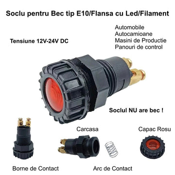 Suport Indicator Tensiune LED E10 12V-24V – Bec Roșu pentru Semnalizare Electrică și Monitorizare Tensiune