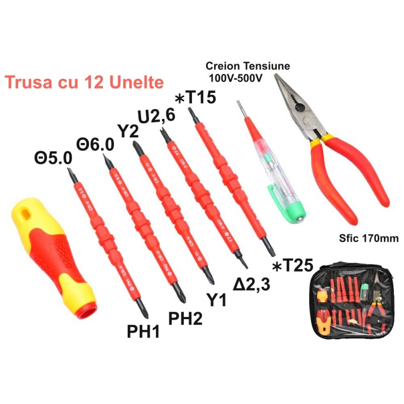 Trusa 12 Unelte de Electrician, Surubelnite și Sfic NO-3035