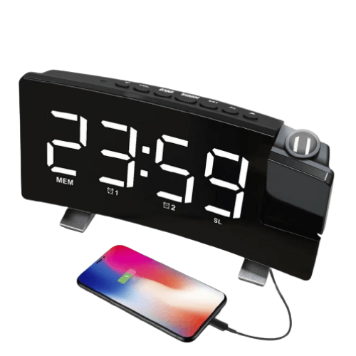 Ceas Digital cu Radio si Proiectie Pana la 5M Inaltime Alb, Rotire la 180°, Alarma, Port Incarcare USB, Temperatura, Ecran LED, 2 Niveluri de Luminozitate, Negru - Ceasuri Moderne