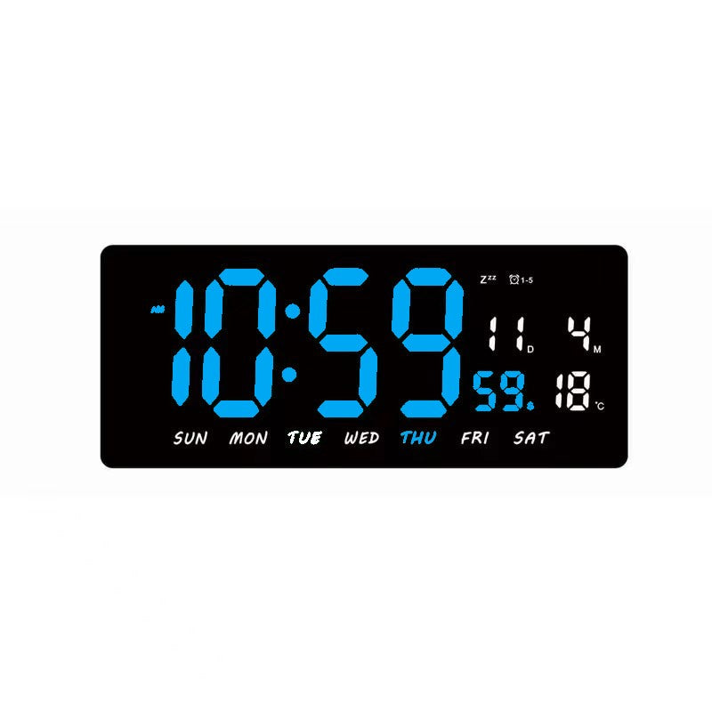 Ceas Digital de Masa si de Perete cu Lumina Led Albastru, Tehnologie LED Fara Umbre, Calendar, Temperatura, Alarma, Functie Snooze, Luminozitate Adjustabila, 36x16cm - Frize
