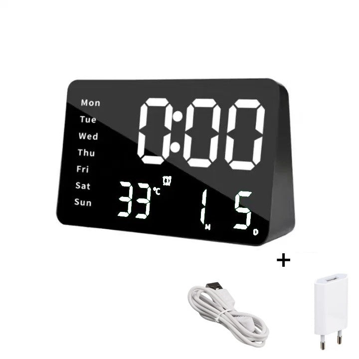 Ceas Digital de Masa cu Lumina Led Alb, Alarma, Calendar, Temperatura, Ecran Oglinda, Functie Snooze, Mod de Noapte - Frize