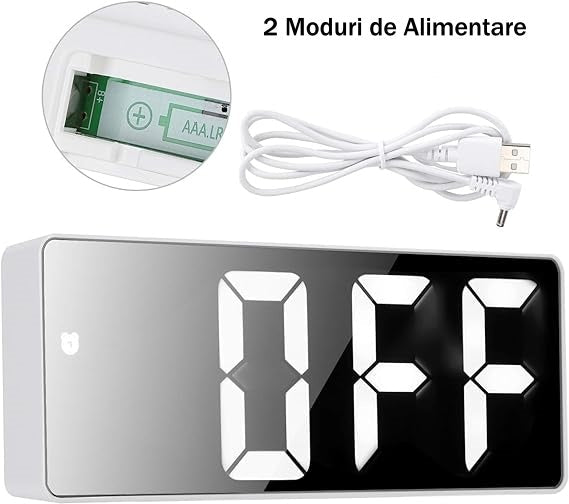 Ceas Electronic de Masa cu Lumina Led Albastru, Temperatura, Alarma, Comanda Vocala, 2 Trepte de Lumina, 160 X 60 X 25 mm, Adaptor Inclus, Alb - Frize