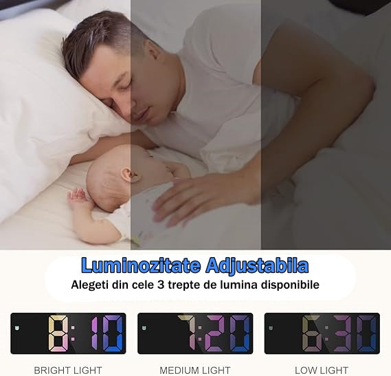 Ceas Electronic de Masa cu Lumina Led RGB, Temperatura, Alarma, Comanda Vocala, 2 Trepte de Lumina, 160 X 60 X 25 mm, Negru - Frize