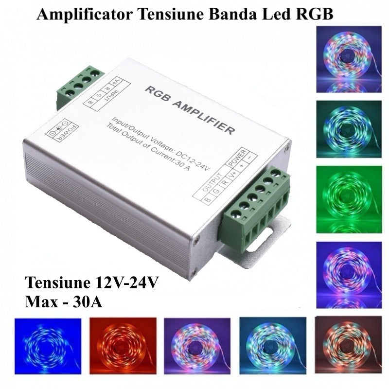 RGB LED szalagos feszültségerősítő, DC 12-24V/30A