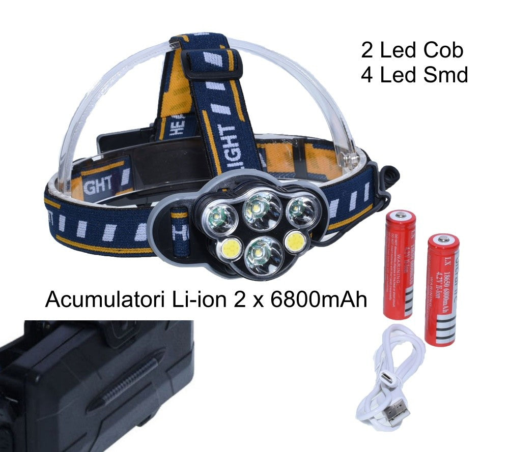 Lanterna de Cap 4+2 Led și 2 Acumulatori 3,7V LI-ION - Frize
