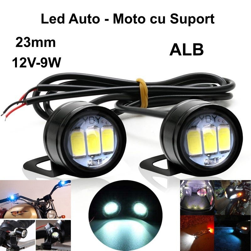 Led Auto 23mm cu Suport / 12V - 9W / ALB, 2 Buc/Set - Frize
