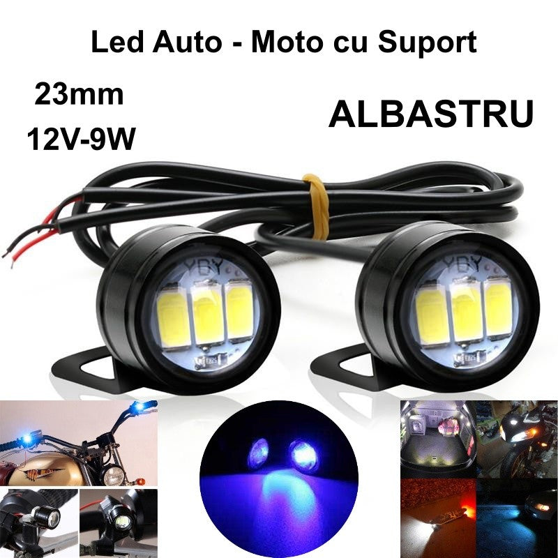Led Auto 23mm cu Suport / 12V - 9W / ALBASTRU, 2 Buc/Set - Frize