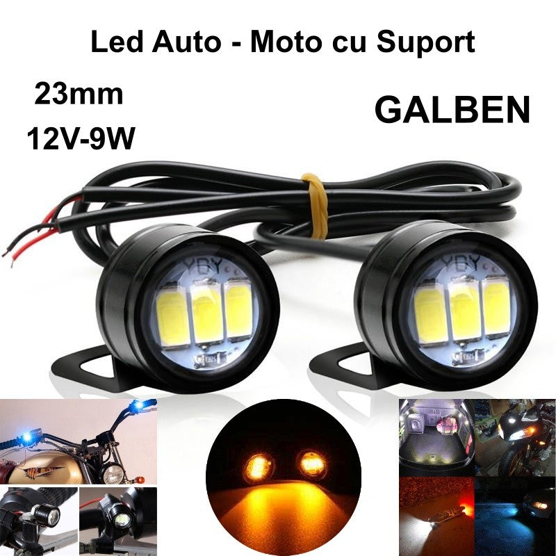 Led Auto 23mm cu Suport / 12V - 9W / GALBEN, 2 Buc/Set - Frize