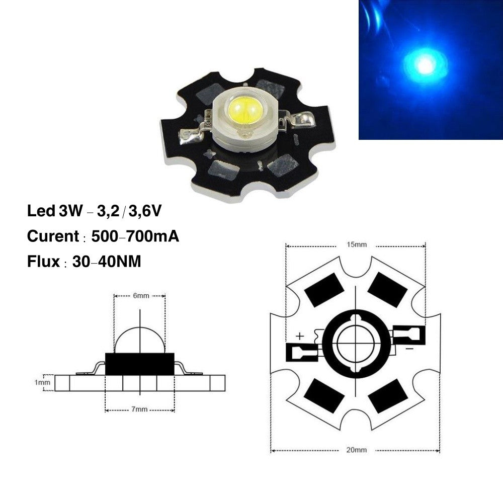 Led SMD 3W cu Radiator, Lumina Albastra - Frize