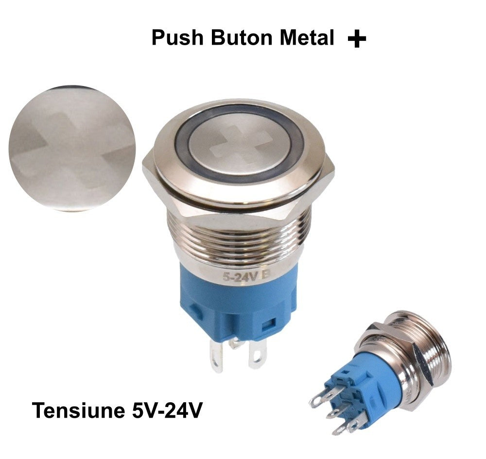 Push Buton 5-24V / 19mm, Plus (+) Led Albastru - Frize