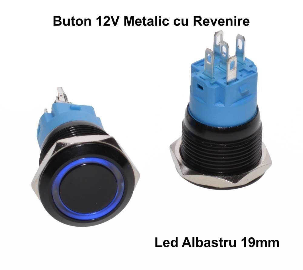 Push Buton Negru 19mm/Led Albastru - Frize