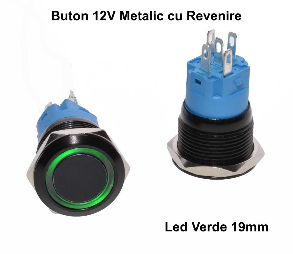 Push Buton Negru 19mm/Led Verde - Frize