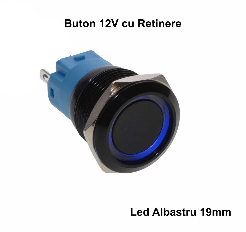 Push Buton Negru 19mm/Retinere cu Led Albastru - Frize