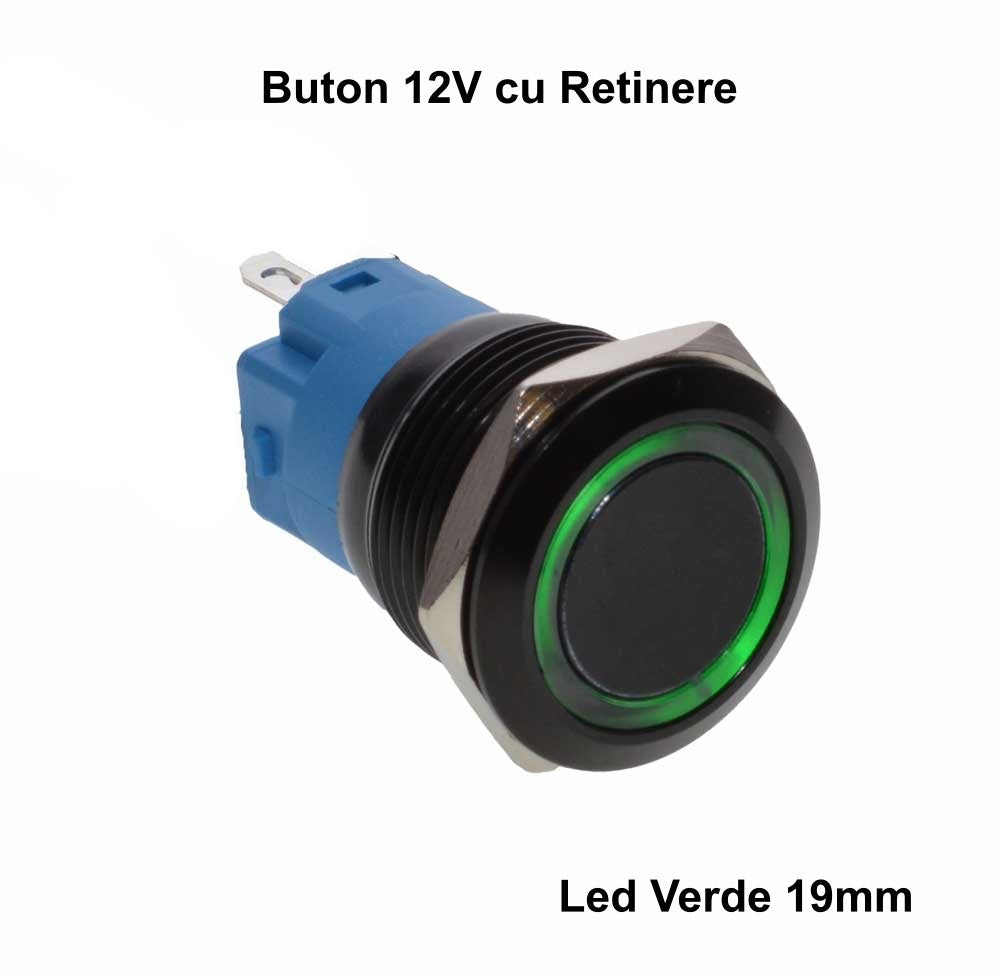 Push Buton Negru 19mm/Retinere cu Led Verde - Frize