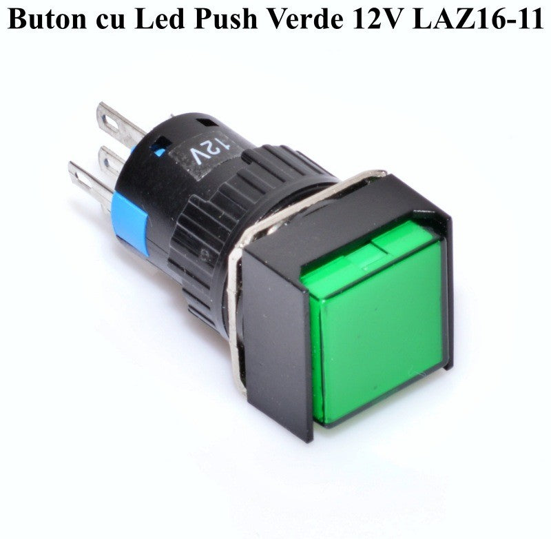 Push Buton Patrat Verde 12V - 16mm - Frize