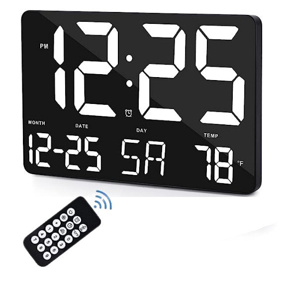 Ceas Digital de Masa si de Perete cu Lumina Led Alb, Calendar, Temperatura, Alarma, Termometru, Functie Snooze, Luminozitate Adjustabila, 25x16cm - Frize