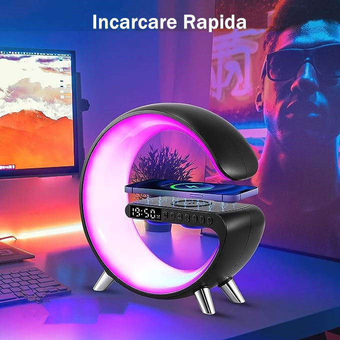 Ceas Digital cu Incarcare Wireless, Boxa Bluetooth, Control din Aplicatie, RGB, Functie de Apel, Luminozitate Reglabila, Alarma, Ecran LED, Negru - Frize