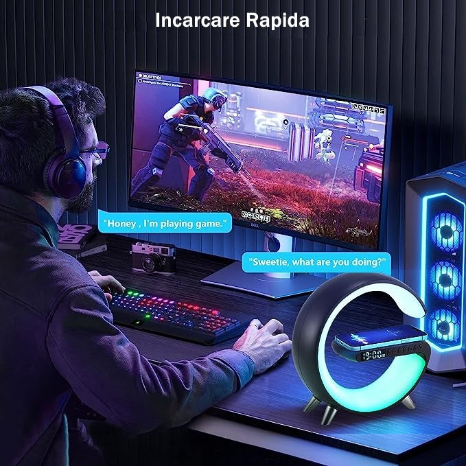 Ceas Digital cu Incarcare Wireless, Boxa Bluetooth, Control din Aplicatie, RGB, Functie de Apel, Luminozitate Reglabila, Alarma, Ecran LED, Negru - Frize