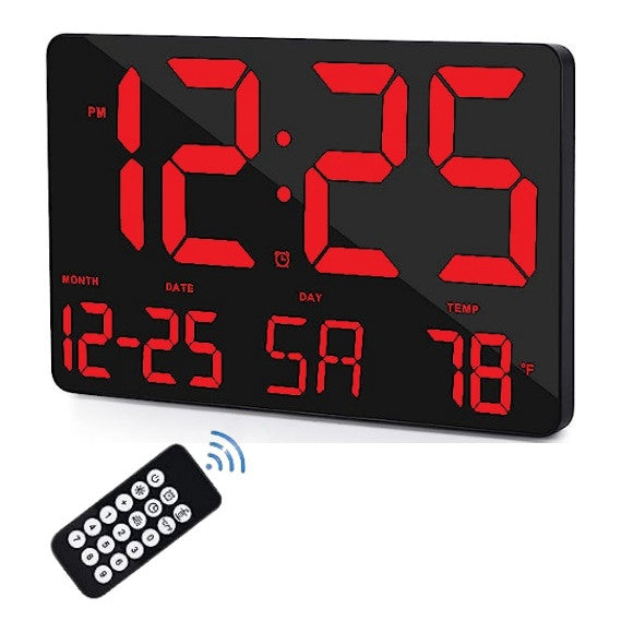 Ceas Digital de Masa si de Perete cu Lumina Led Rosu, Calendar, Temperatura, Alarma, Termometru, Functie Snooze, Luminozitate Adjustabila, 25x16cm - Frize